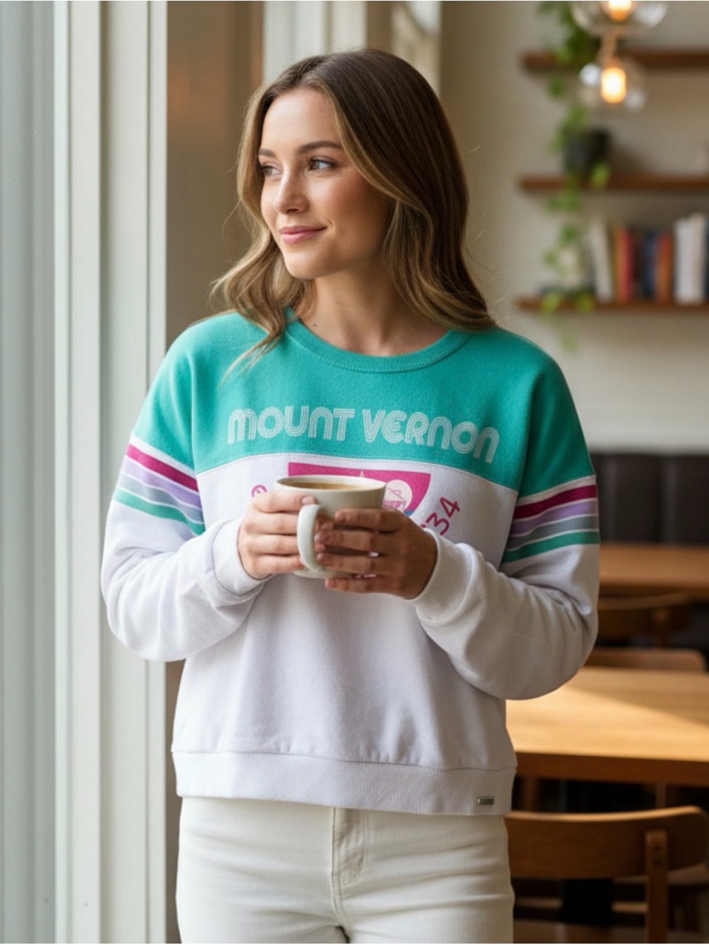 Mount Vernon Colorblock Crewneck Sweatshirt - Teal & White